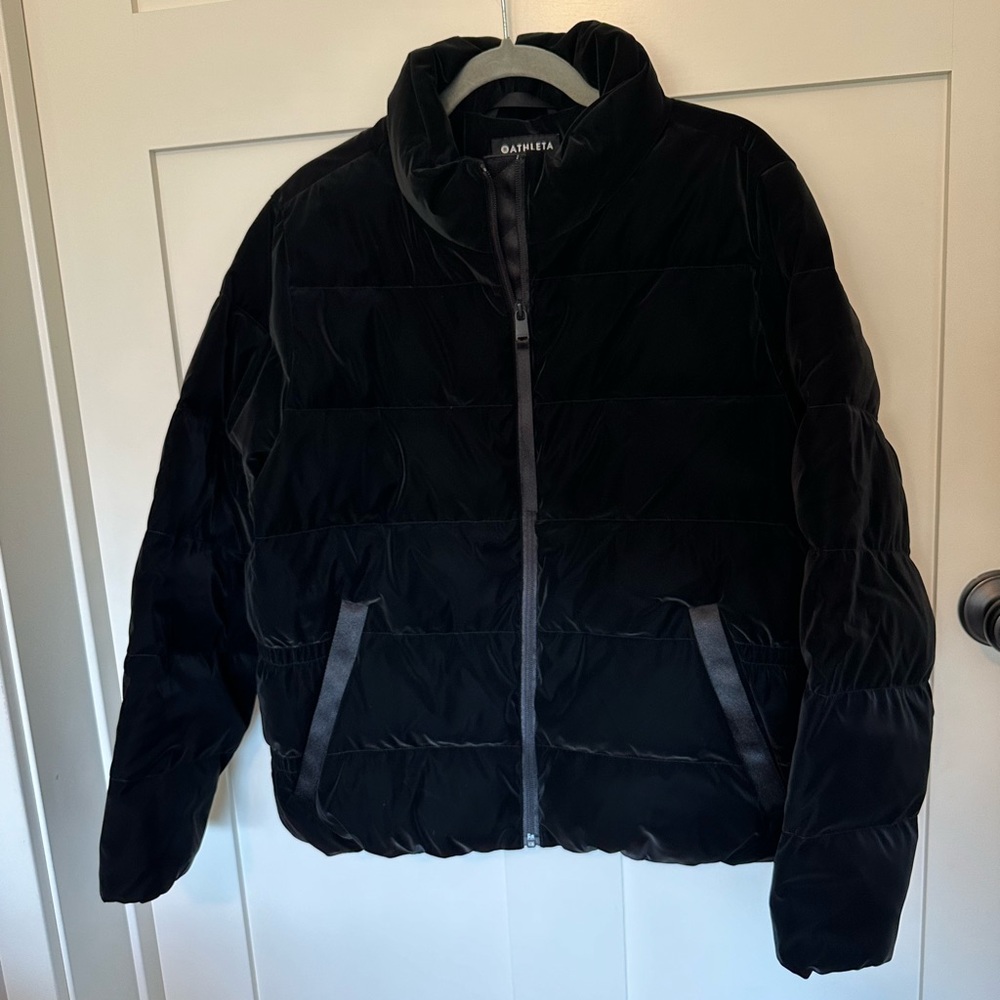 Athleta black faux velvet puffer